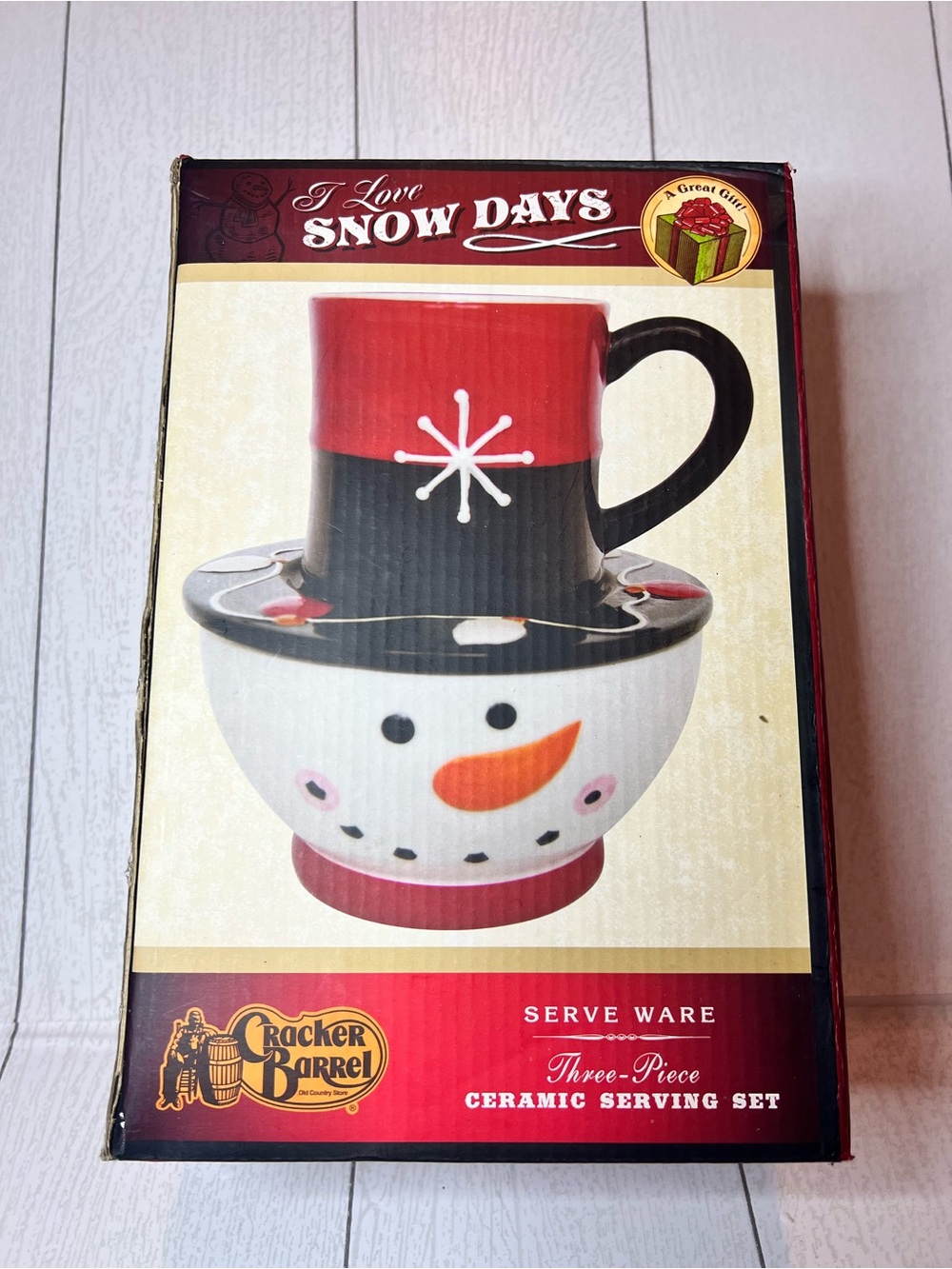 Cracker Barrel Red & Black Snowman Ceramic Serving Set